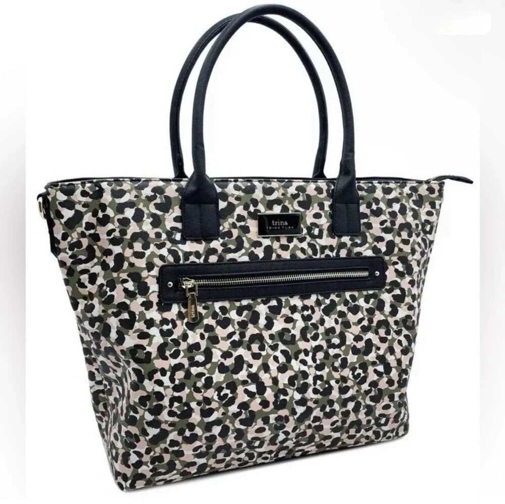 Trina Turk Animal Print Tote Bag Black Beige Green Zip Gold Hardware Designer